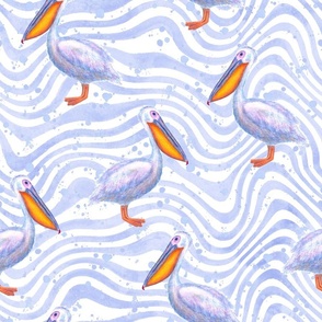 White watercolor pelicans, splashes and wavy stripes