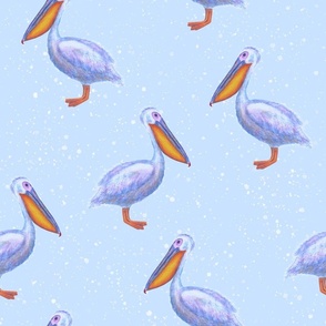 White watercolor pelicans on blue water background