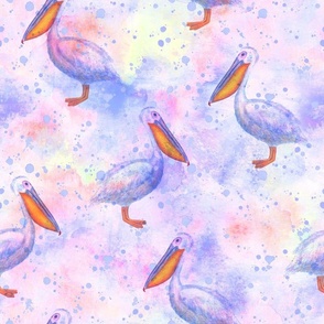 Watercolor pelicans with splashes on purple background