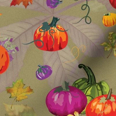 Fall Watercolor Pumpkins Overall Pattern soft Leafy Background