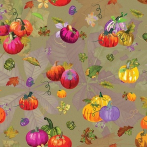 Fall Watercolor Pumpkins Overall Pattern soft Leafy Background