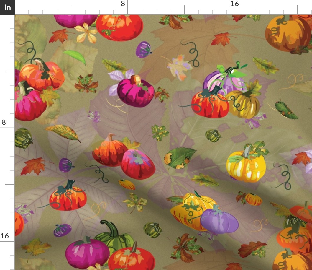 Fall Watercolor Pumpkins Overall Pattern soft Leafy Background