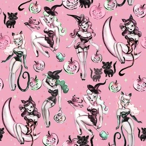 Medium Vintage Witches and Black Cats Pink