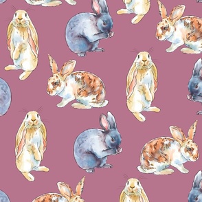 Country Watercolor Rabbits on Purple, Large Scale