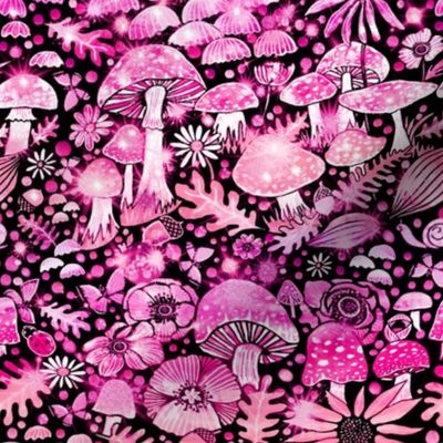 pink mushrooms and Autumn leaves with flowers and nature