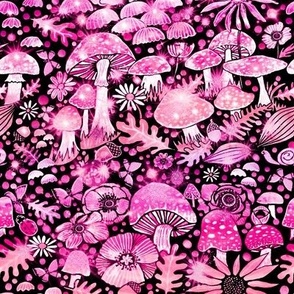 pink mushrooms and Autumn leaves with flowers and nature