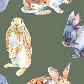 Country Watercolor Rabbits on Green, Large Scale