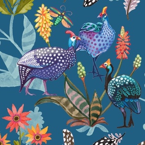 Guinea Fowl Florals, Teal Large Scale