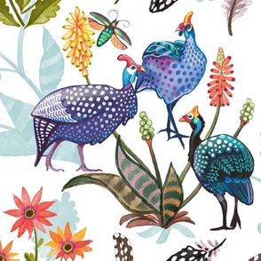 Guinea Fowl Florals, White