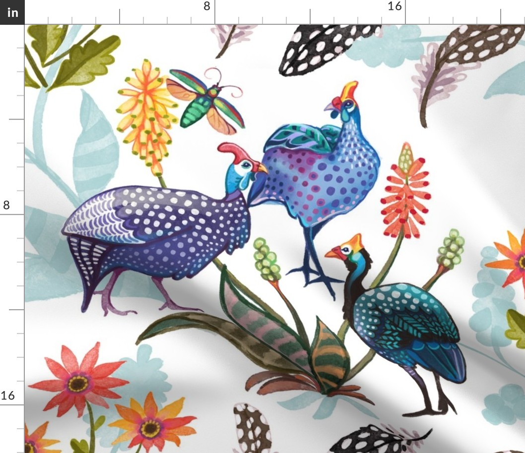 Guinea Fowl Florals, White