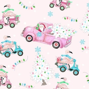Christmas Flamingos On Scooters  Pastel Pink