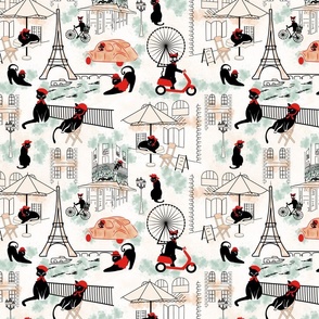 Hats Off Cat-ture- Paris Holiday- Fashionista Black Cats on Linen- Regular Scale