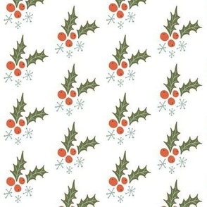 Holly Berry Leaves Christmas Holiday Tossed Print Red Green White Leaf Berries Snow