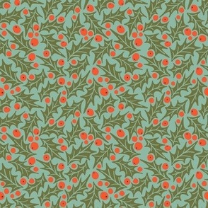 Holly Berry Leaves Christmas Holiday Tossed Print Red Green Aqua Leaf Berries