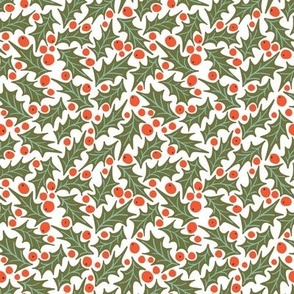 Holly Berry Leaves Christmas Holiday Tossed Print Red Green White Leaf Berries
