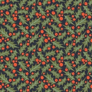 Holly Berry Leaves Christmas Holiday Tossed Print Red Green Aqua Dark Blue Leaf Berries