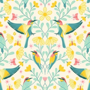 „Bee-Eater“ Bird with leaves and flowers in yellow teal red and pink 21 inch