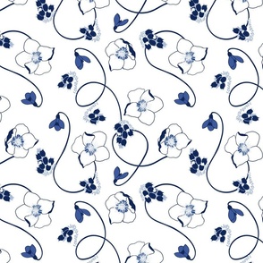 Hellebore Winter Floral Pattern White & Blue