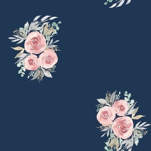 Vintage Rose Watercolor - Victorian Floral Navy medium 10.5 inch, watercolor, floral, watercolor rose, vintage watercolor, vintage floral, retro floral,  ashleigh fish, dark background, pink and navy, girls room, watercolor wallpaper, feminine floral