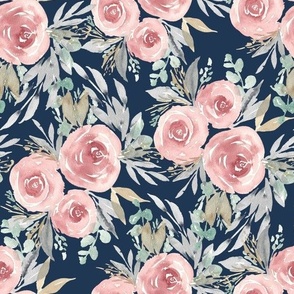 Vintage Rose Watercolor - Victorian Floral Navy. Medium 10 inch watercolor, floral, watercolor rose, vintage watercolor, vintage floral, retro floral, , ashleigh fish, dark background, pink and navy, girls room, watercolor wallpaper, feminine floral, high