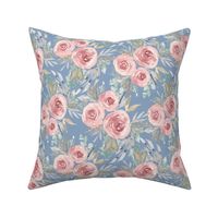 Vintage Rose Watercolor - Victorian Floral Blue. Medium 10 inch, watercolor, floral, watercolor rose, vintage watercolor, vintage floral, retro floral,  ashleigh fish, dark background, pink and blue, girls room, watercolor wallpaper, feminine floral, blue