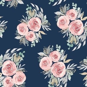 Vintage Rose Watercolor - Victorian Floral Navy - small 7 inch, dark blue, rose pink floral, pink rose, botanical,  retro floral