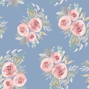 Vintage Rose Watercolor - Victorian Floral Blue. Medium 10 inch, watercolor, floral, watercolor rose, vintage watercolor, vintage floral, retro floral,  ashleigh fish, dark background, pink and blue, girls room, watercolor wallpaper, feminine floral, blue