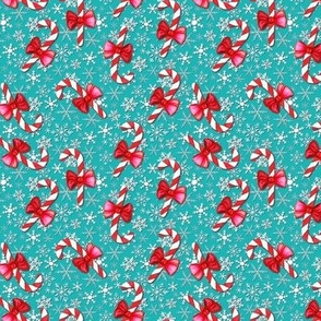 Red and white Candy canes with bows on teal  
