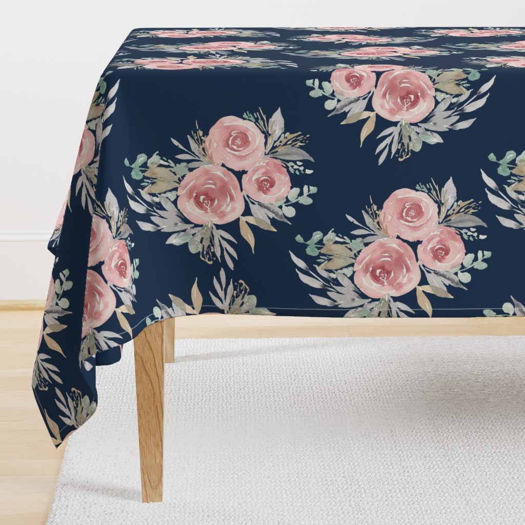 Vintage Rose Watercolor  Victorian Floral Navy - large 24 inch, medium, dark blue, rose pink floral, pink rose, botanical,  retro floral