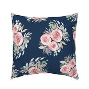 Vintage Rose Watercolor  Victorian Floral Navy - large 24 inch, medium, dark blue, rose pink floral, pink rose, botanical,  retro floral