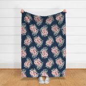 Vintage Rose Watercolor  Victorian Floral Navy - large 24 inch, medium, dark blue, rose pink floral, pink rose, botanical,  retro floral