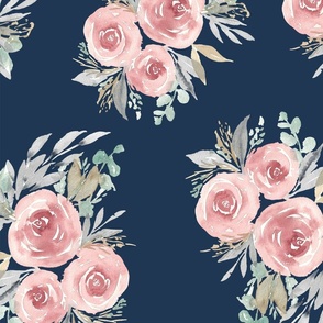 Vintage Rose Watercolor - Victorian Floral Navy - medium