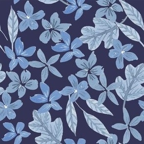 Blue and navy flowers and oak leaves, watercolor fall floral on dark blue for baby girls dress and nursery