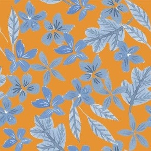 Blue and navy flowers and oak leaves, watercolor fall floral on burnt orange for baby girls dress and nursery