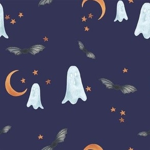 7 inch Halloween ghosts, bats moon and stars. handpainted watercolor on navy blue for kids
