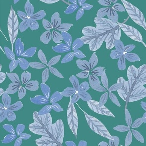 Blue and navy flowers and oak leaves, watercolor fall floral on teal green  for baby girls dress and nursery