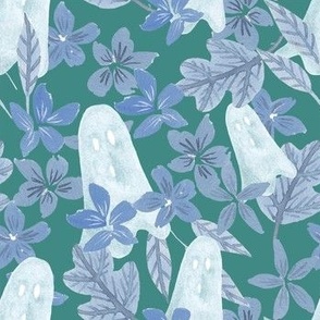 peek a boo ghosts on team green with blue florals for halloween kids clothing and accessories