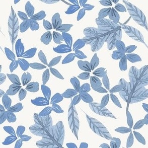 Blue and navy flowers and oak leaves, watercolor fall floral on white  for baby girls dress and nursery