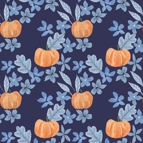 Fall pumpkins and blue flowers and leaves hand painted in watercolor on navy blue  for kids apparel and halloween