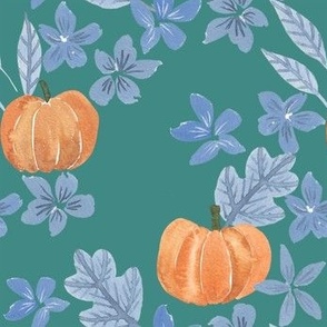 Fall pumpkins and blue flowers and leaves hand painted in watercolor on teal green  for kids apparel and halloween