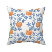 Fall pumpkins, blue flowers and oak leaves hand painted in watercolor on cream for kids apparel and halloween