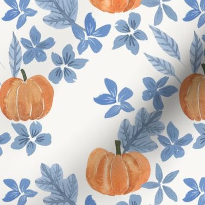 Fall pumpkins, blue flowers and oak leaves hand painted in watercolor on cream for kids apparel and halloween