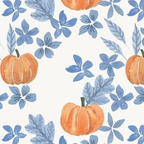 Fall pumpkins, blue flowers and oak leaves hand painted in watercolor on cream for kids apparel and halloween