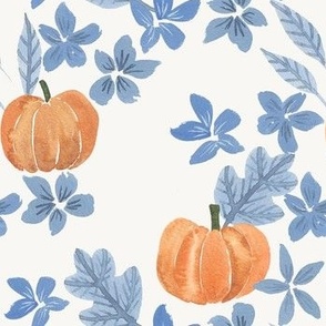 Fall pumpkins and blue flowers and leaves hand painted in watercolor on cream for kids apparel and halloween