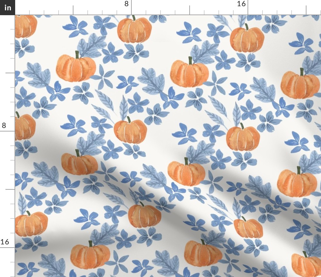 Fall pumpkins, blue flowers and oak leaves hand painted in watercolor on cream for kids apparel and halloween