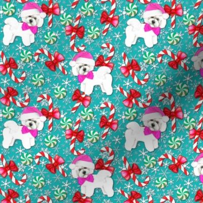 Christmas dogs with candy canes and Santa hats in pink and teal // Bichon Frise Dogs Christmas hats