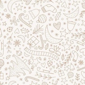 Winter icons / medium scale / light brown beige playful lineart pattern design 
