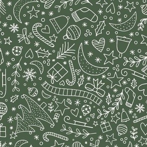 Winter icons / medium scale / dark green playful lineart pattern design 