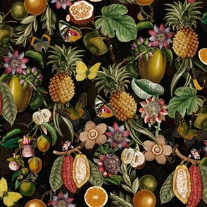 Vintage tropical butterflies, exotic butterfly inscects, green Leaves and  colorful antique fruits blossoms and flowers, Nostalgic butterflies and fruits fabric, - black sepia tanned  double layer