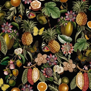 Vintage tropical butterflies, exotic butterfly inscects, green Leaves and  colorful antique fruits blossoms and flowers, Nostalgic butterflies and fruits fabric, - black sepia tanned  
